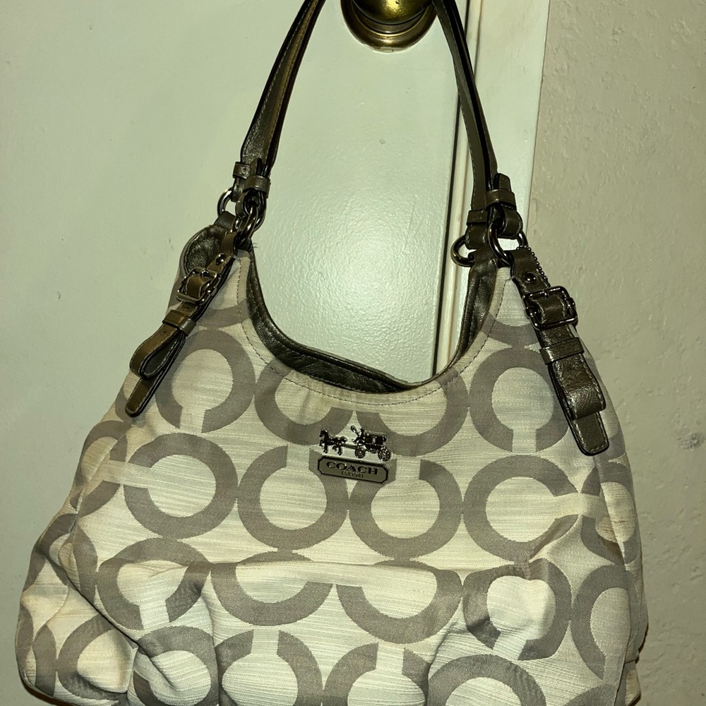 Coach Gray Monogram Shoulder Bag with Leather Trim